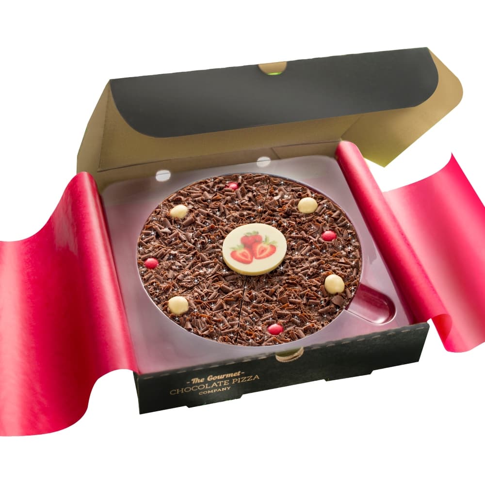 Strawberry Sensation Chocolate Pizza with freeze dried strawberries, milk chocolate and popping candy